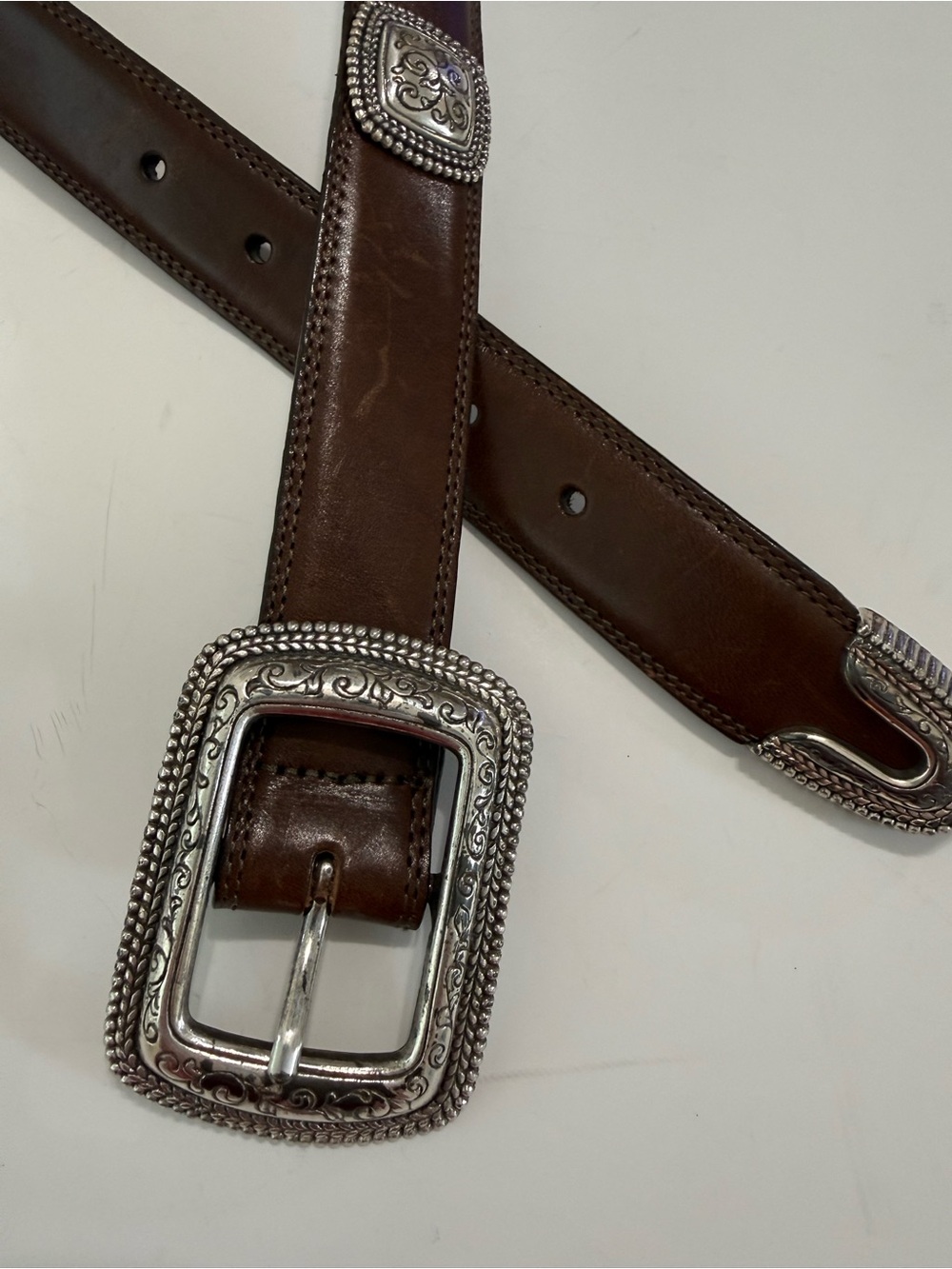 Brown Leather Belt with Ornate Silver Buckle